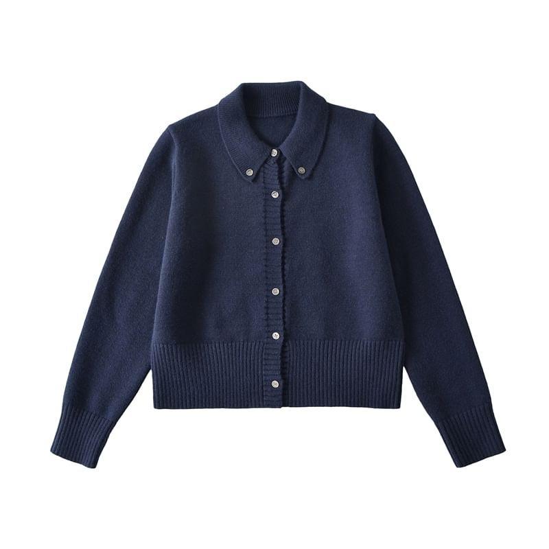 Collared Plain Button Up Crop Cardigan Product Image