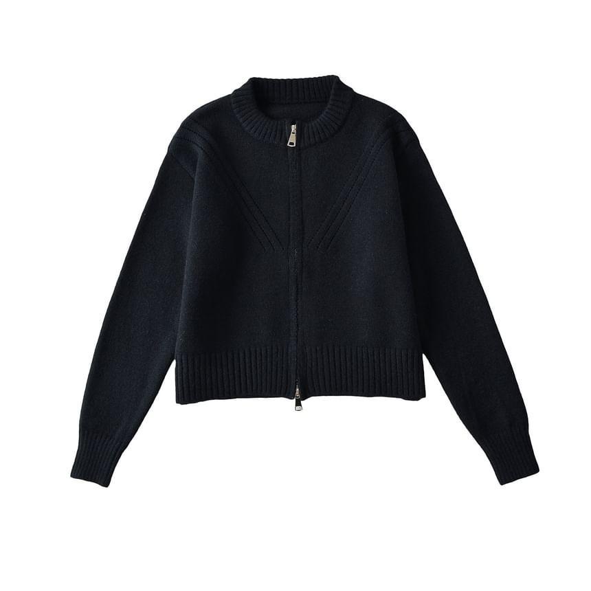 Crew Neck Plain Perforated Zip-Up Crop Cardigan Product Image