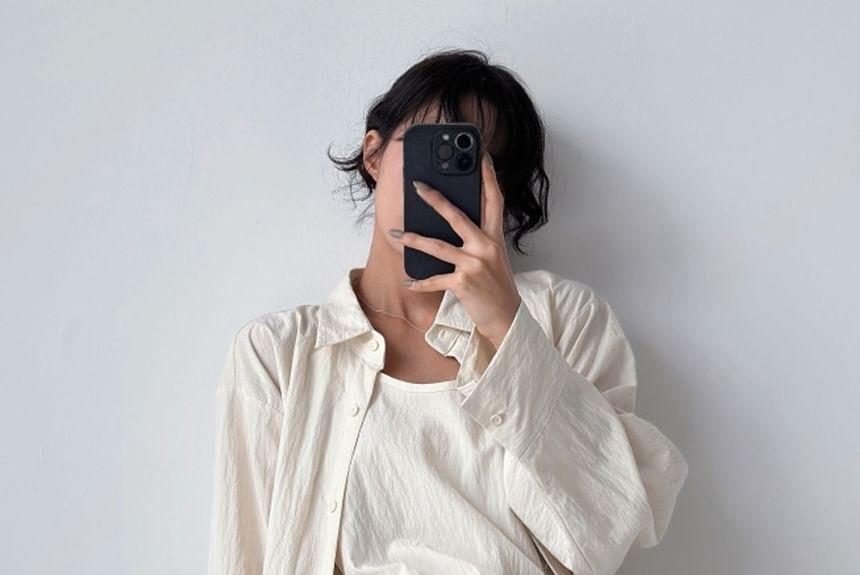 Set: Long-Sleeve Plain Loose-Fit Shirt + Camisole Top Product Image