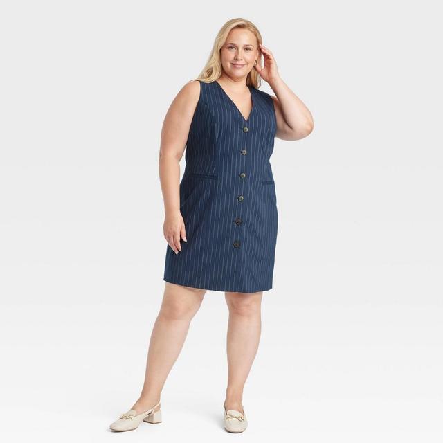 Womens Tailored Mini Vest Dress - A New Day Navy Pinstripe 3X Product Image