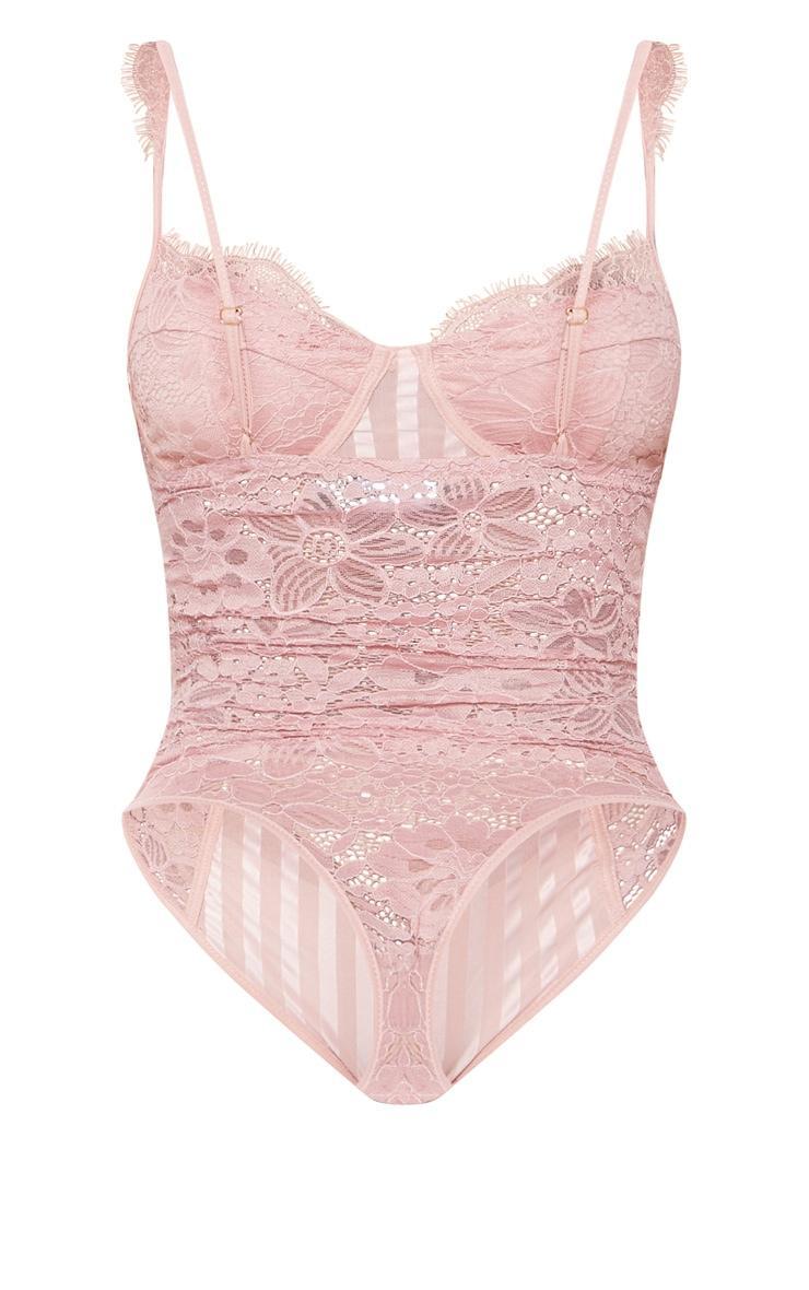 Shape Dusty Pink Lace Mesh Stripe Bodysuit Product Image