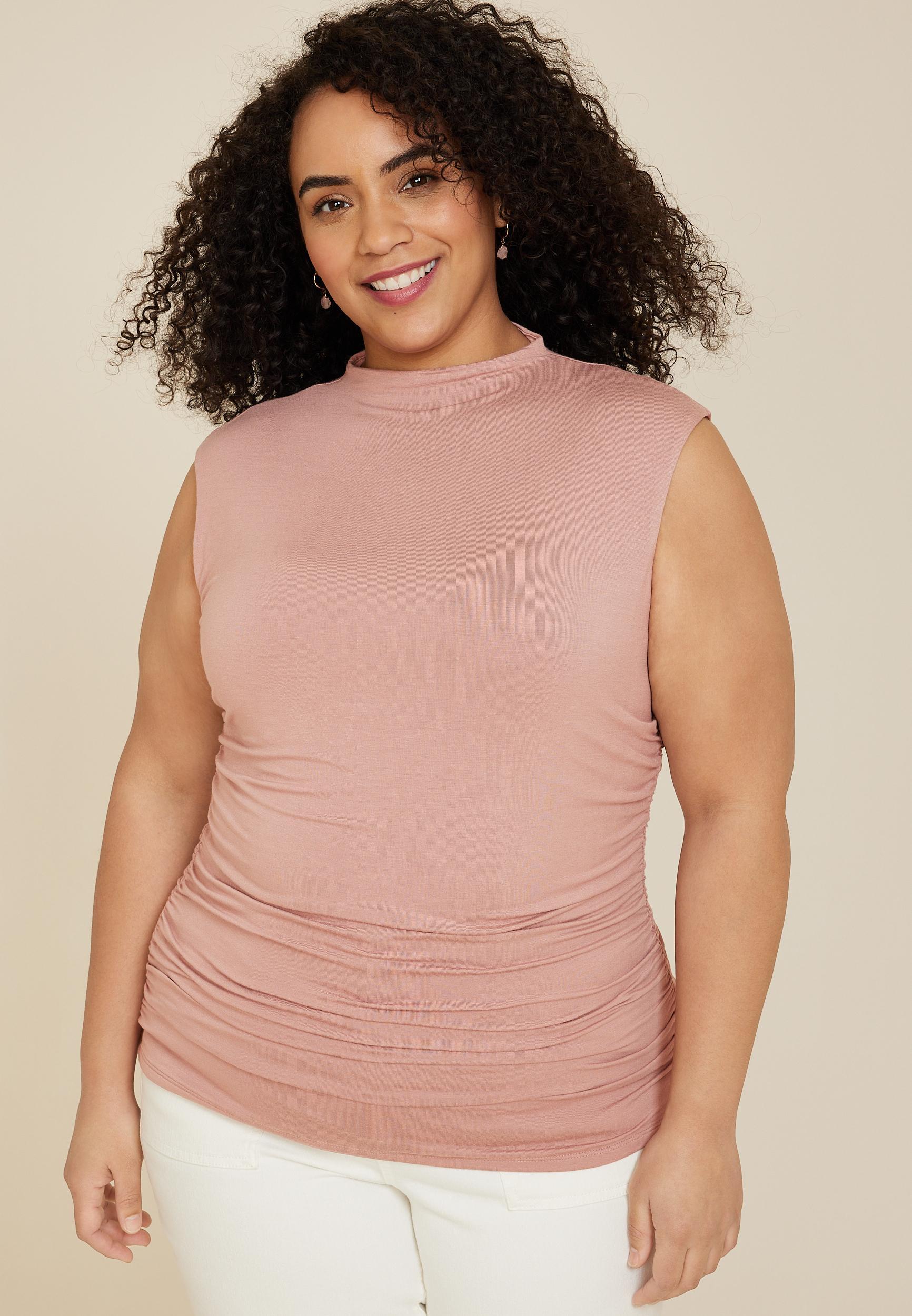 Maurices 4X Plus Size Womens Double Layer Shirred Mock Neck Tank Top Pink product image