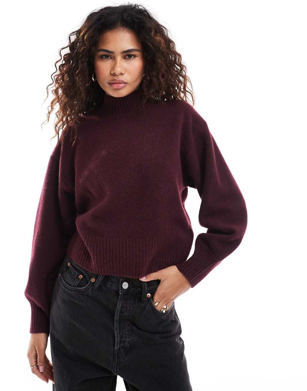 Monki knitted turtleneck sweater in burgundy product image