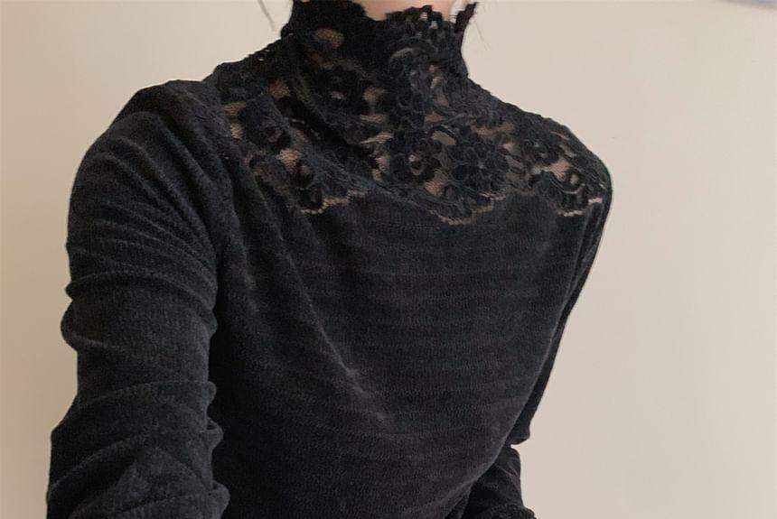 Long-Sleeve Turtleneck Lace Panel Top Product Image