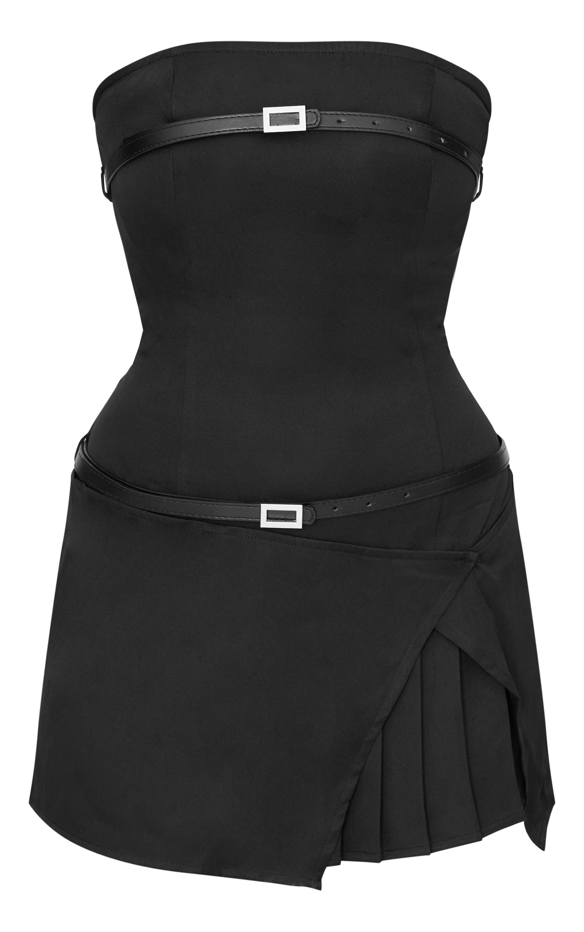 Black Double Belt Bandeau Pleated Mini Dress Product Image