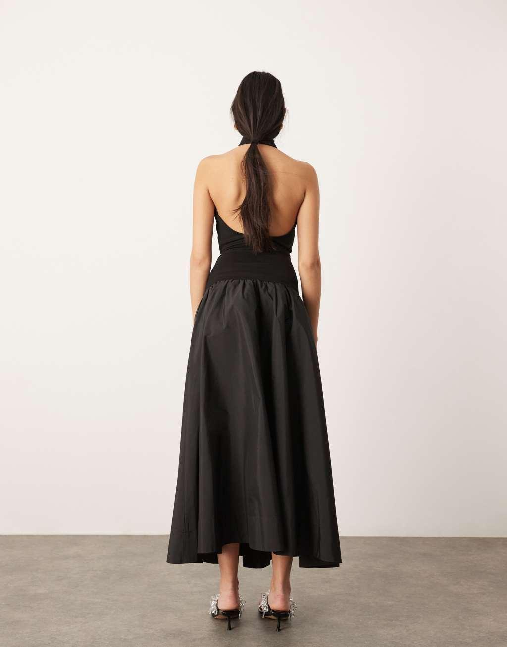 ASOS EDITION halterneck drop waist maxi dress in contrast fabric in black Product Image