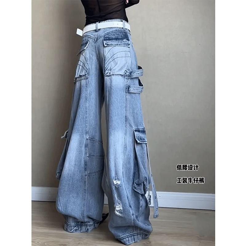 Mid Waist Distressed Washed Pocket Detail Wide Leg Jeans Product Image