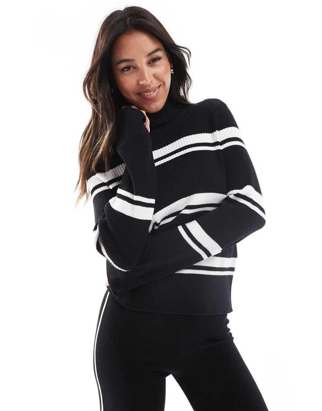 Pieces striped roll neck top in black and white Product Image