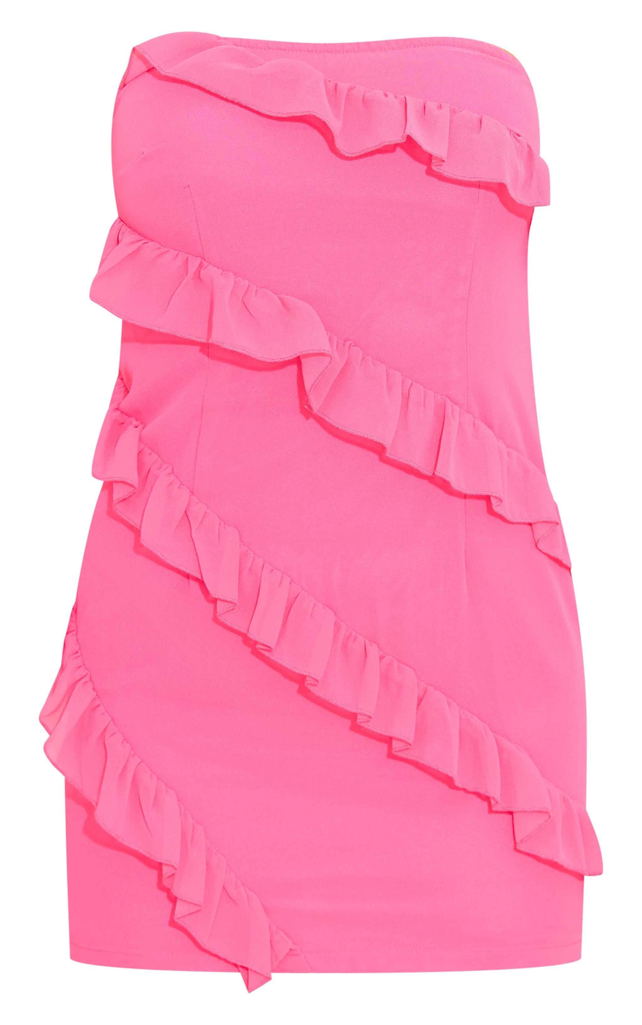 Hot Pink Chiffon Diagonal Frill Bandeau Bodycon Dress Product Image