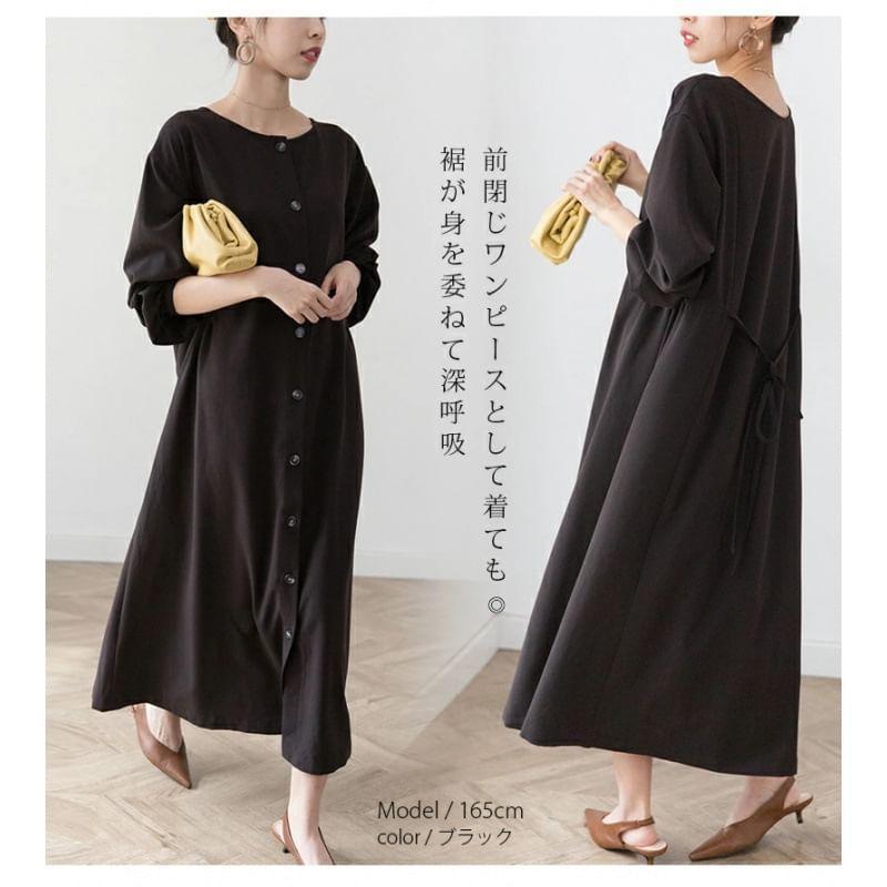 Long Sleeve Round Neck Plain Button Midi A-Line Dress Product Image