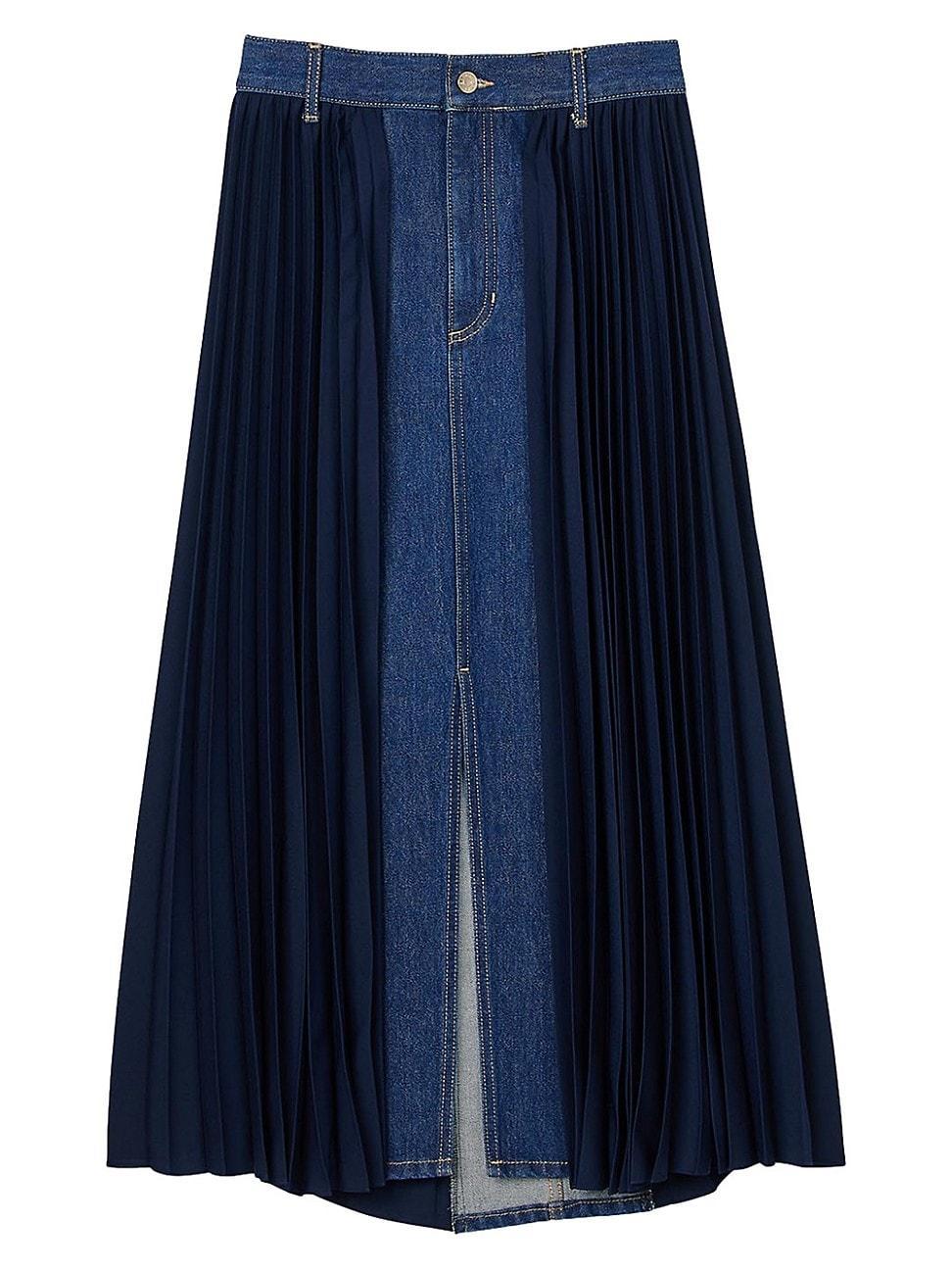 Womens Dual Material Denim Pleated Skirt Product Image