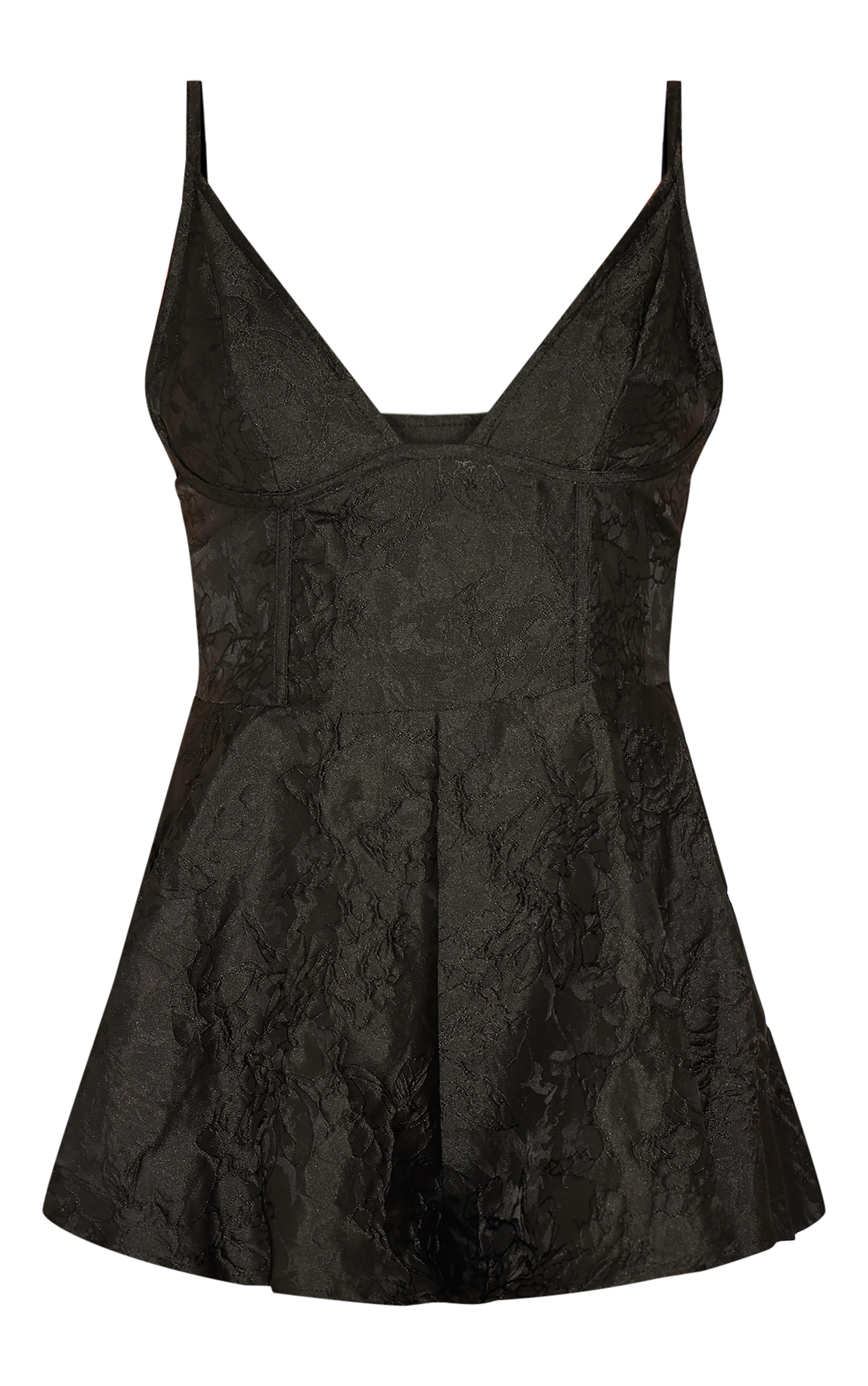 Black Satin Jacquard Corset Detail Floaty Romper Product Image