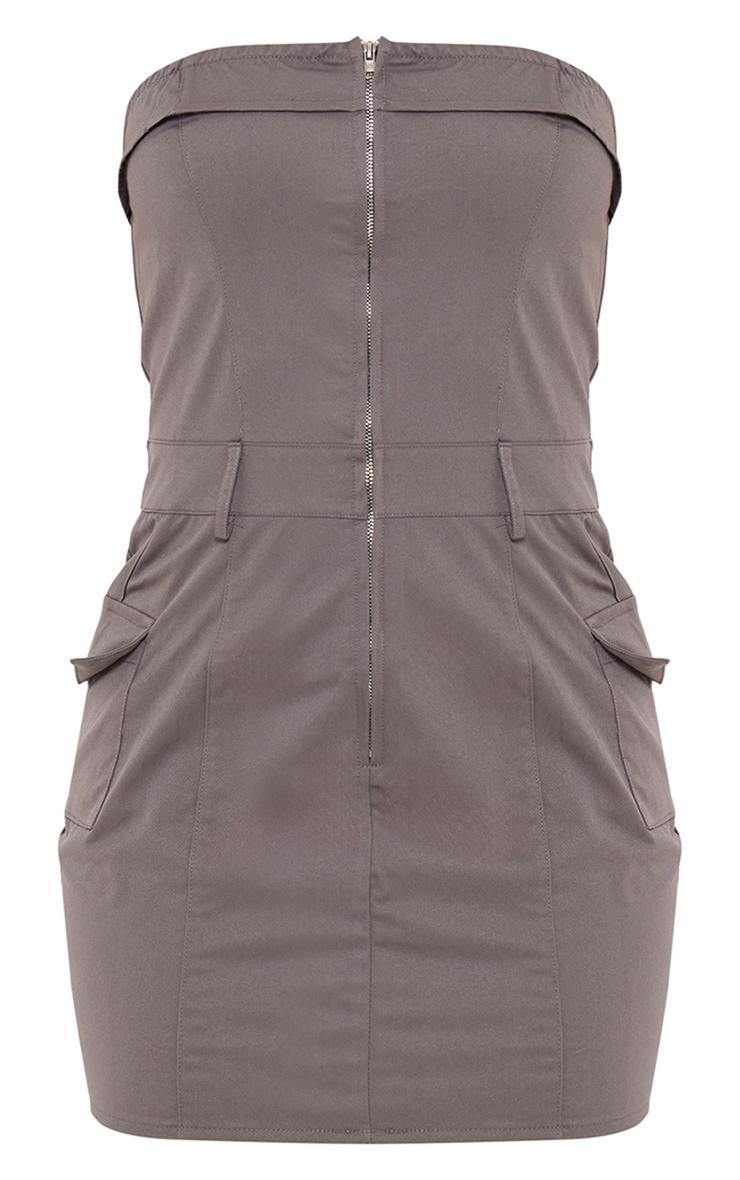 Grey Cargo Pocket Zip Up Bandeau Bodycon Dress Product Image