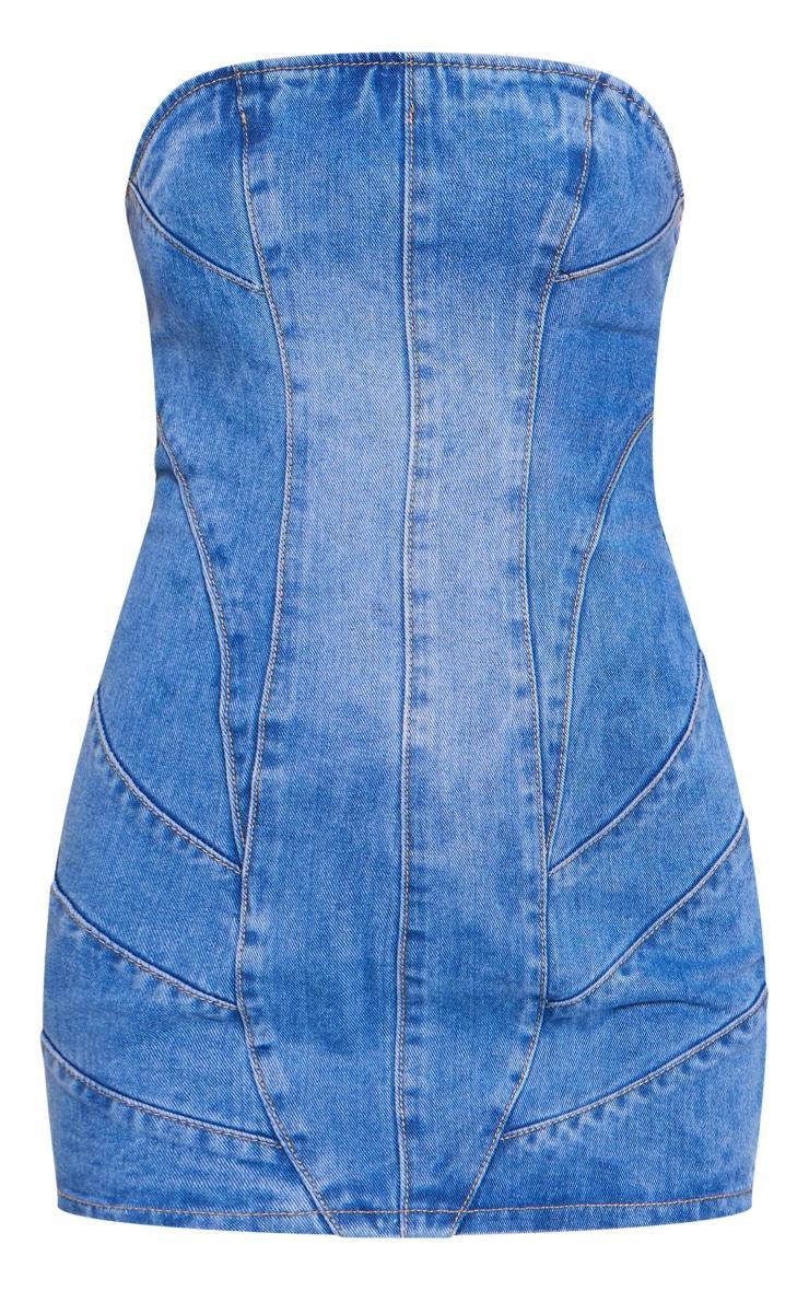 Mid Blue Wash Seam Detail Bandeau Denim Mini Dress Product Image