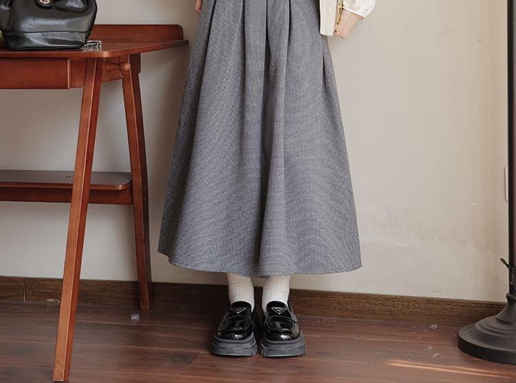 Puff-Sleeve Plain Lace Trim Shirt / High Waist Plaid Inverted Pleated Maxi A-Line Skirt Product Image