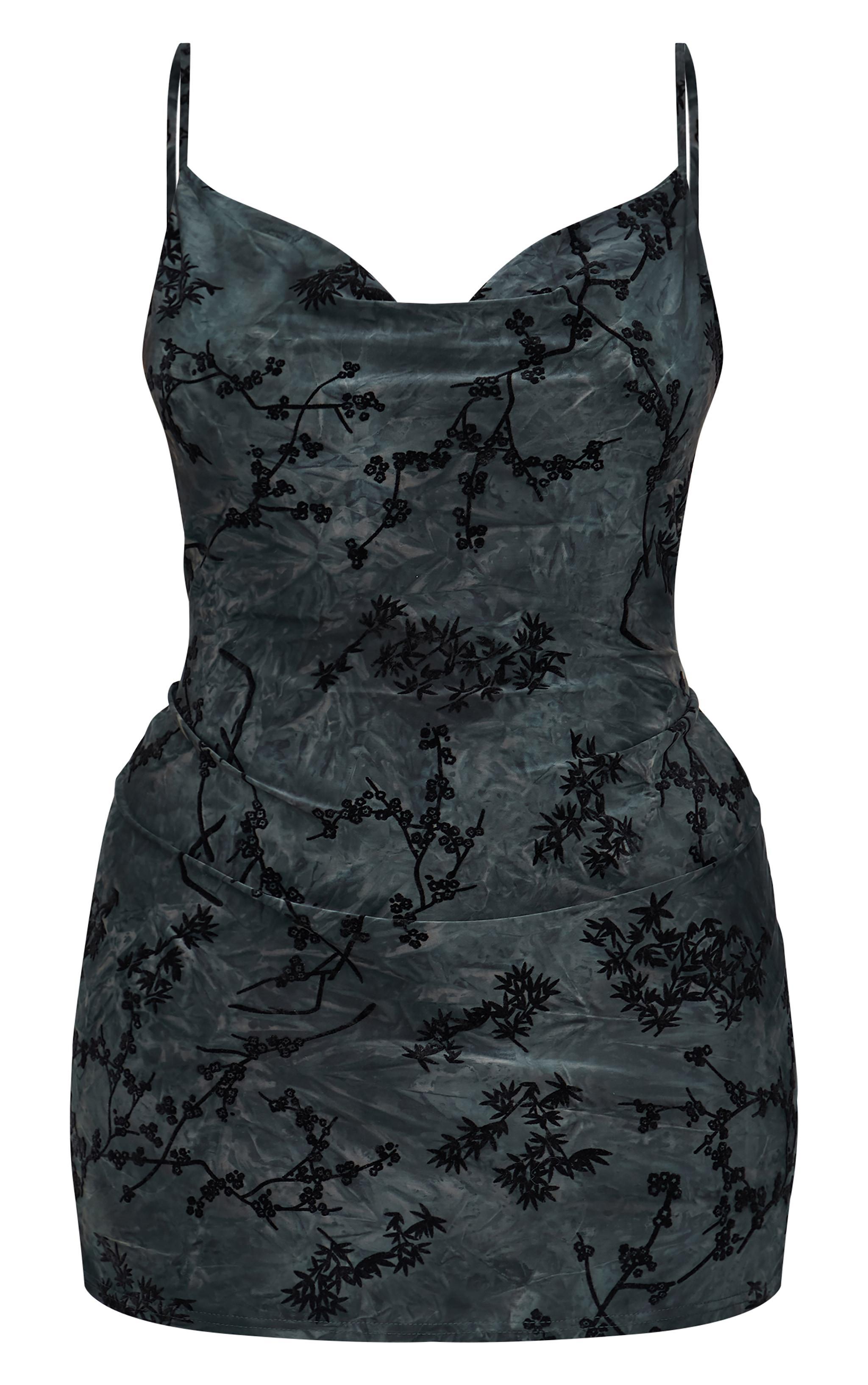 Plus Grey Floral Printed Devore Cowl Neck Shift Dress Product Image