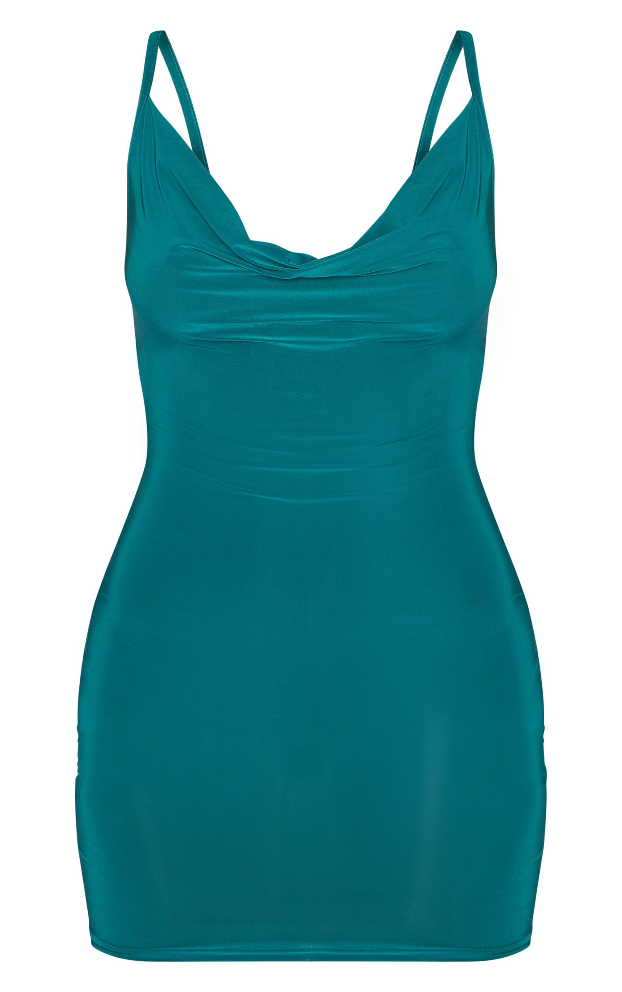 Emerald Green Slinky Cowl Neck Bodycon Dress Product Image