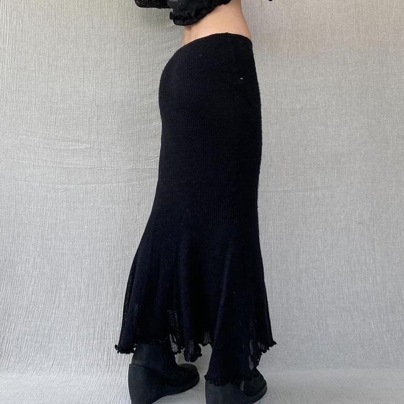 Low Rise Plain Knitted Maxi Pencil Skirt Product Image