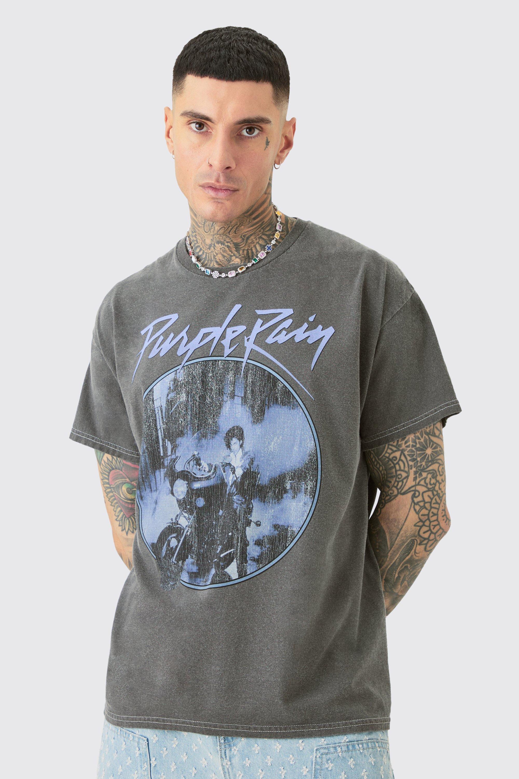 Tall Purple Rain Licence T-shirt In Acid Wash | boohooMAN USA Product Image