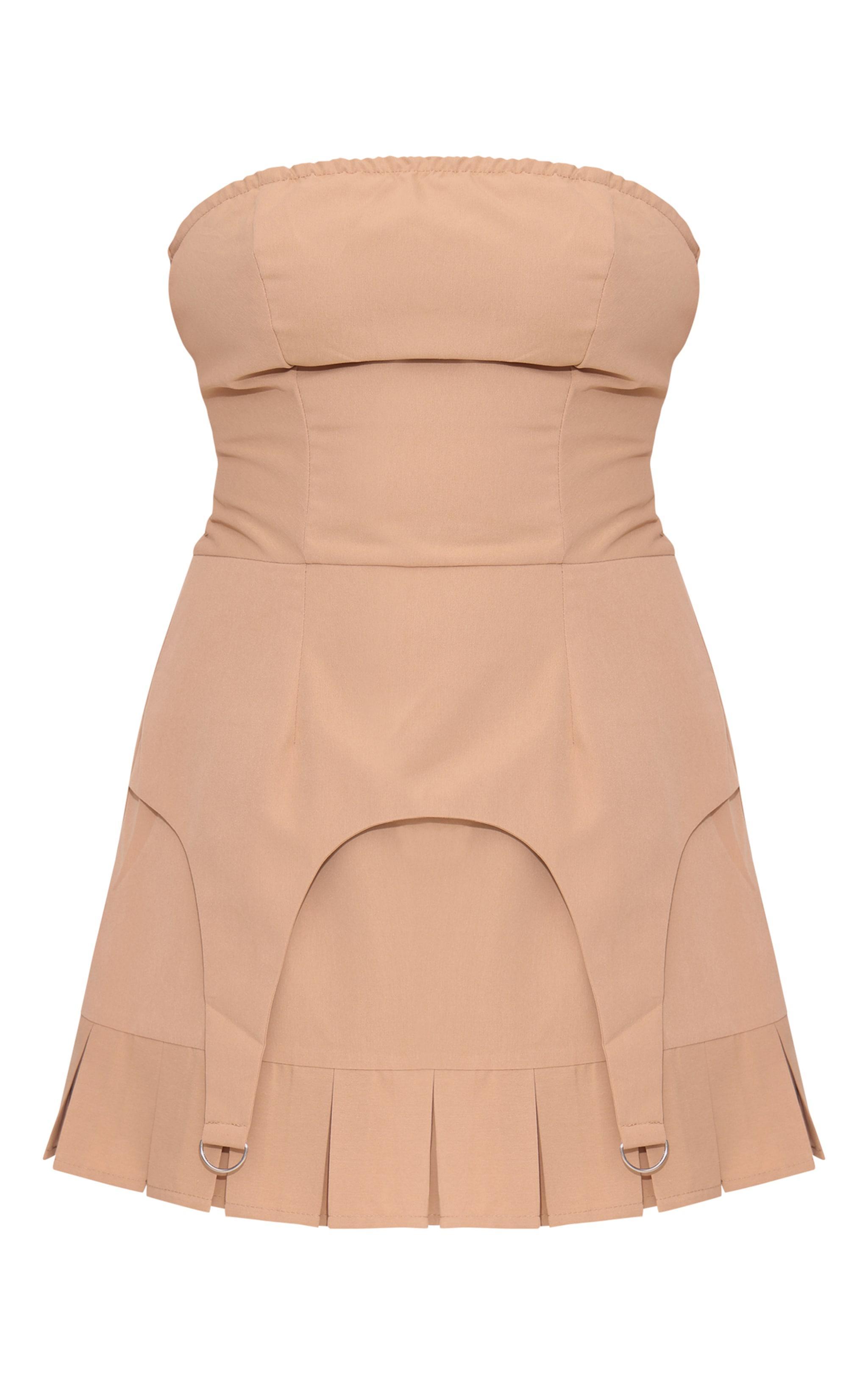 Camel Woven Stirrup Pleated Bodycon Dress Product Image