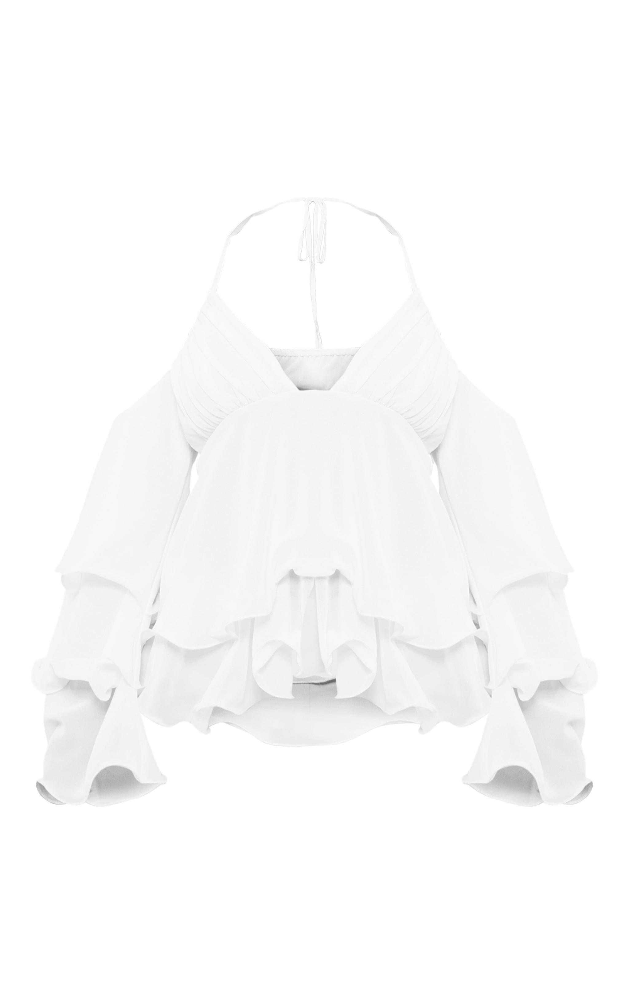 White Frill Edge Bardot Sleeve Halterneck Top Product Image