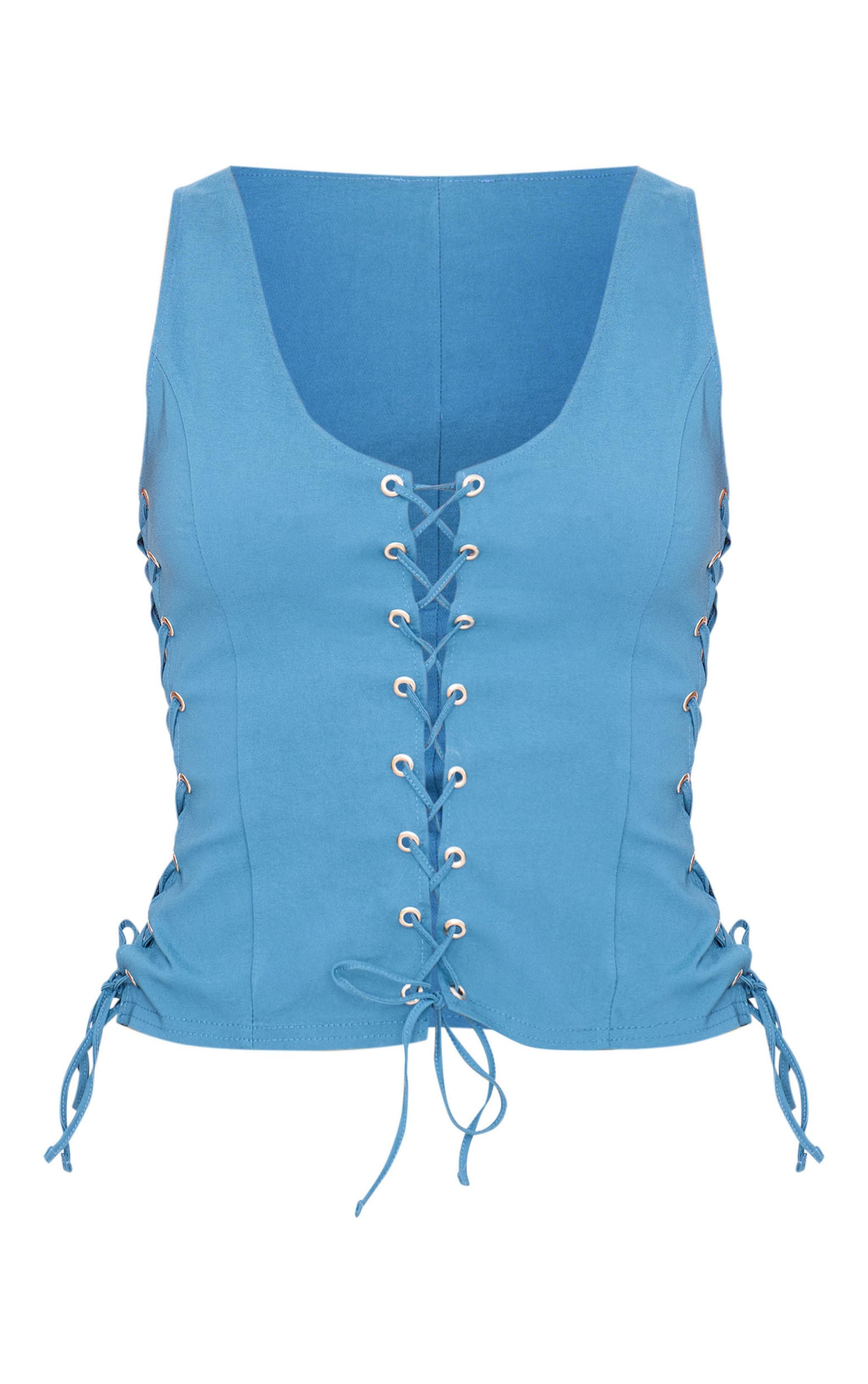 Dark Blue Stretch Woven Lace Up Long Top Product Image