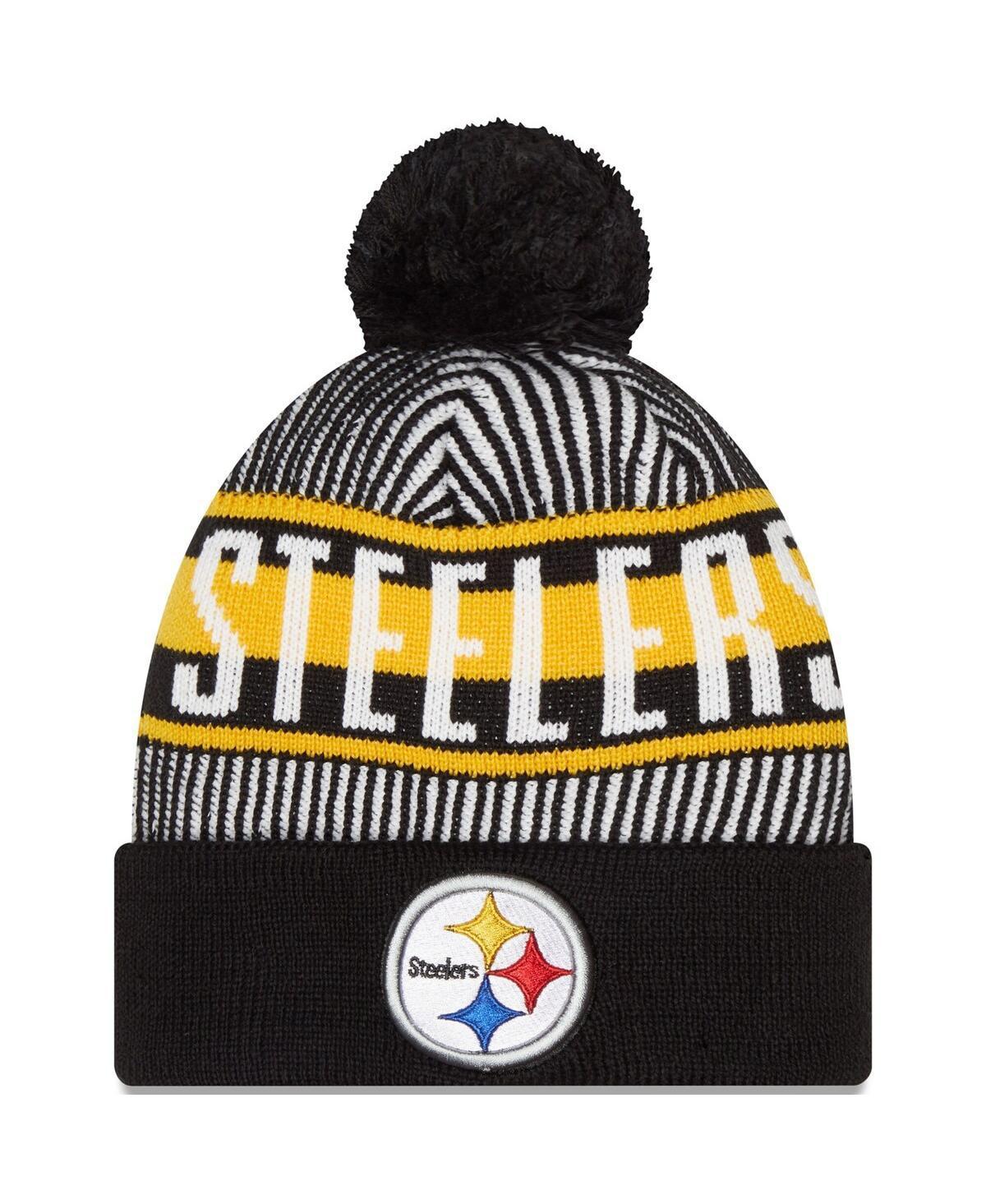 Mens New Era Black Pittsburgh Steelers Striped Cuffed Knit Hat with Pom Product Image