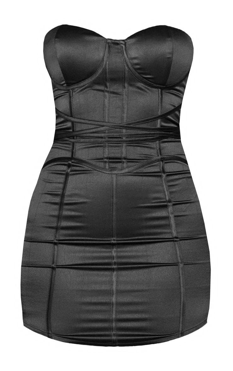  Black Satin Corset Tie Detail Bodycon Dress Product Image