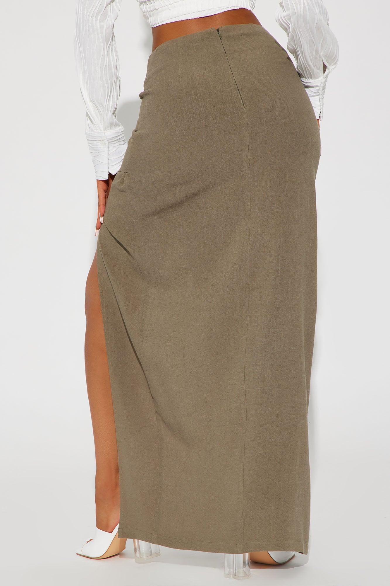 Dezi Linen Slit Maxi Skirt - Olive Product Image