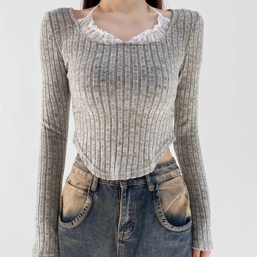 Mock Two-Piece Long-Sleeve Halter Melange Lace Panel Ribbed Crop Knit Top Product Image