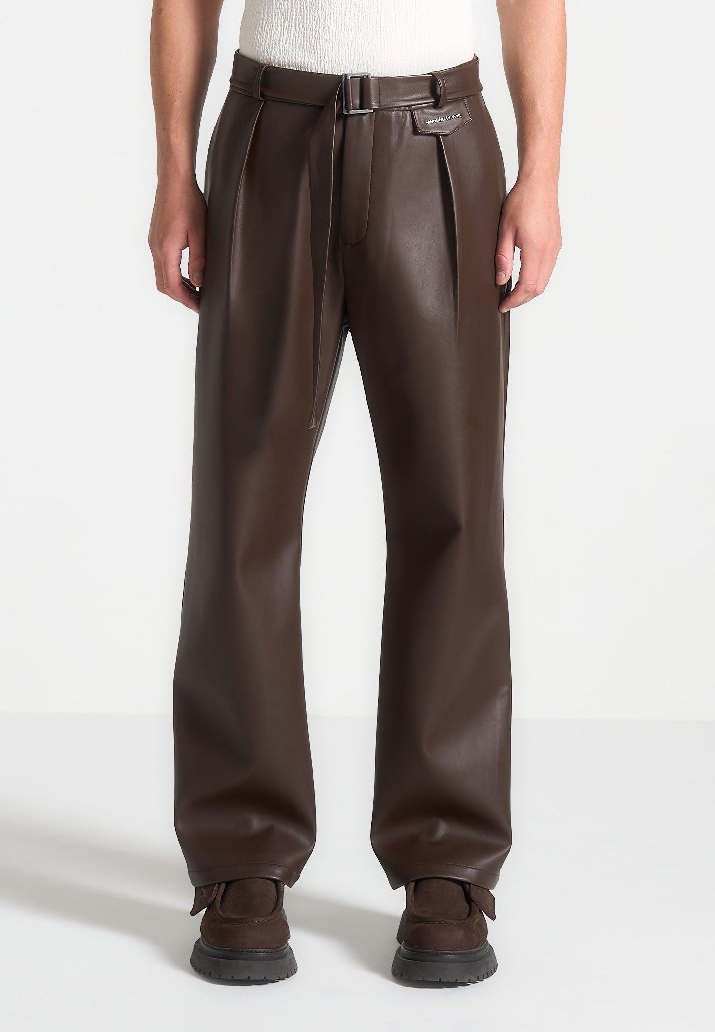 Relaxed Fit Leather Pleated Trouser - Brown Male Product Image