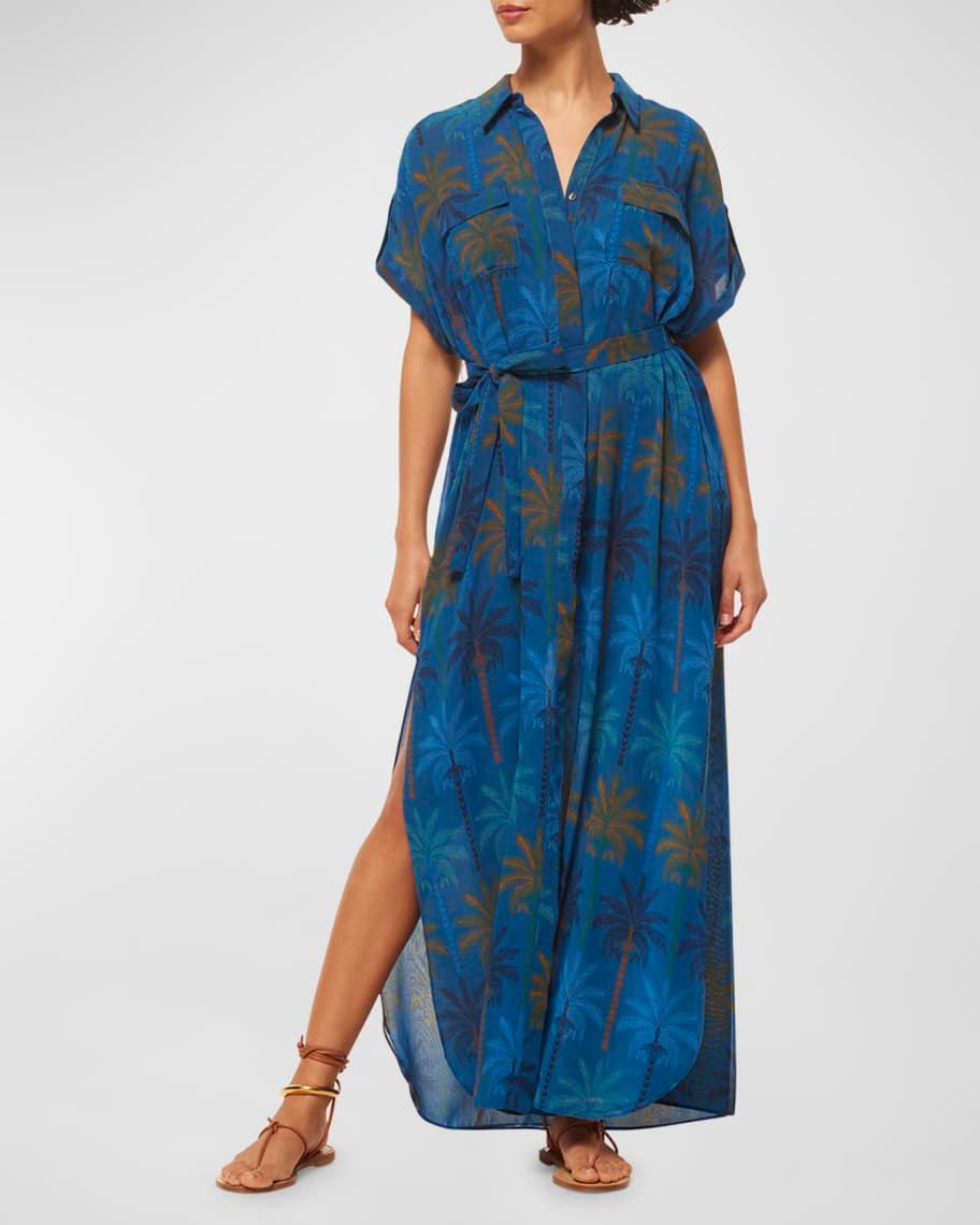 Lou Belted Palm-Print Chiffon Maxi Shirtdress Product Image