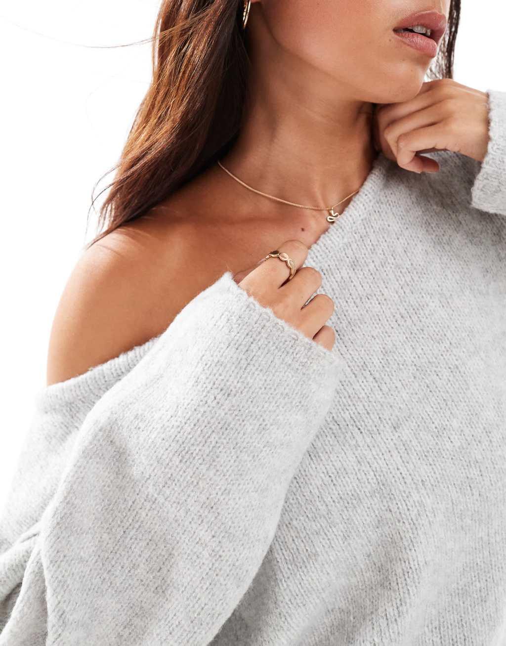 Miss Selfridge asym off the shoulder slouchy cozy knit sweater in gray heather Product Image