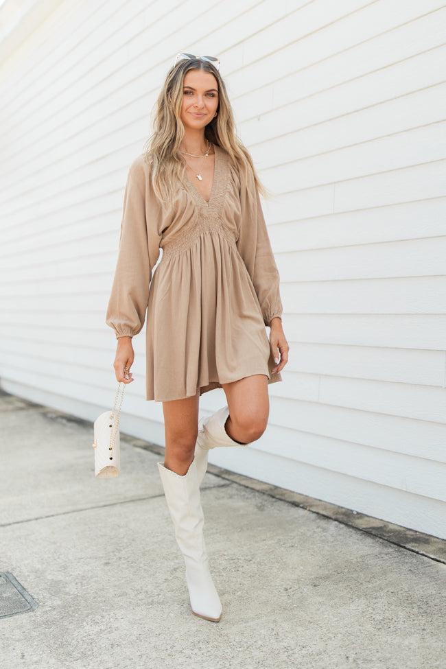 My Only Choice Taupe Deep V Babydoll Mini Dress Product Image