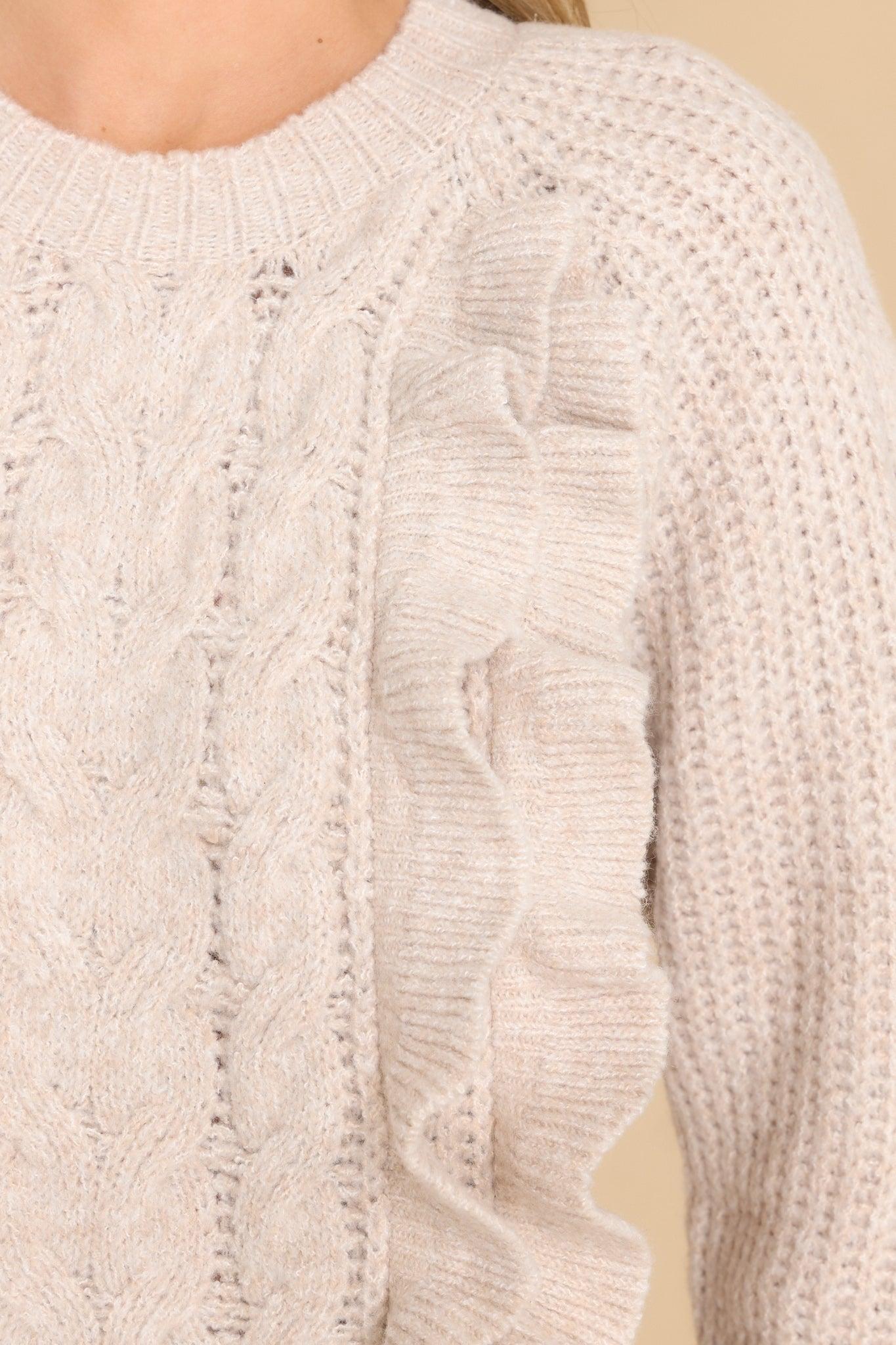 Into Pieces Beige Ruffle Front Sweater Product Image