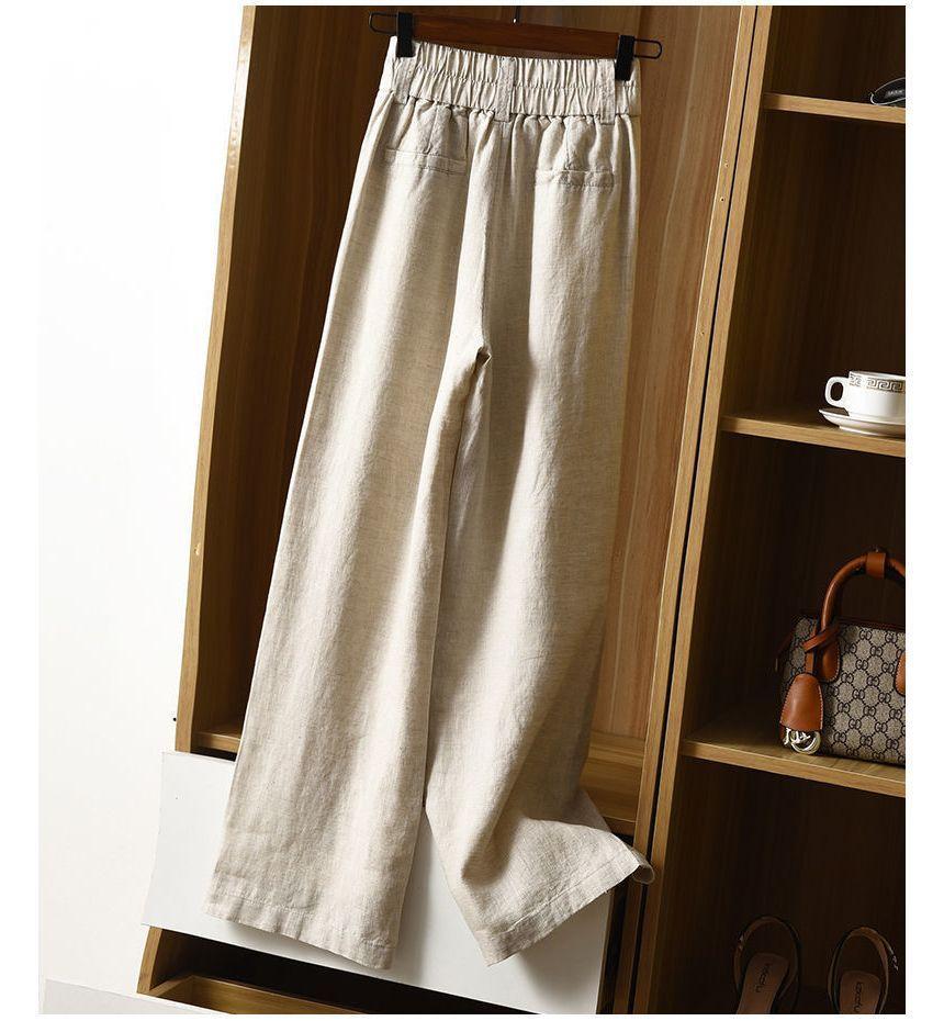 High Waist Linen Plain Wide Leg Pants Product Image