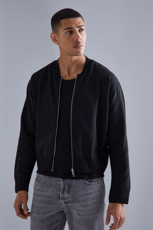 Boxy Smart Knitted Bomber | boohooMAN USA Product Image