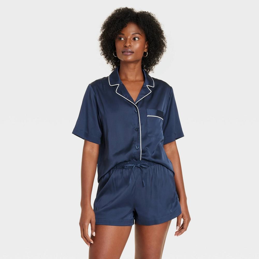 Womens Satin Notch Collar Short Sleeve and Shorts Pajama Set - Auden Navy Blue M Product Image