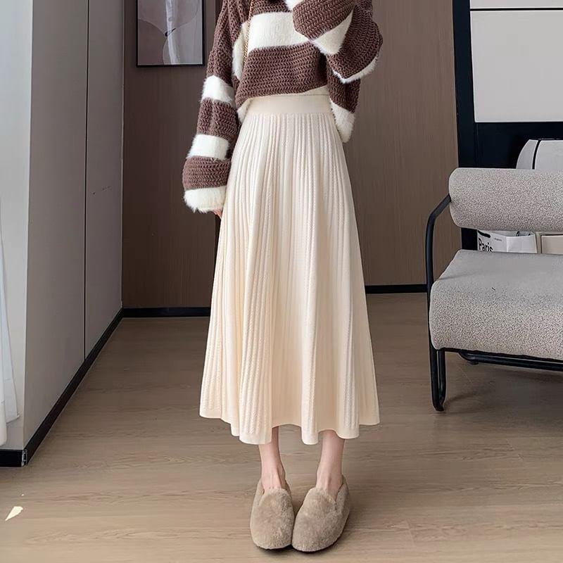 High Waist Plain Ribbed Knit Midi A-Line Skirt Product Image