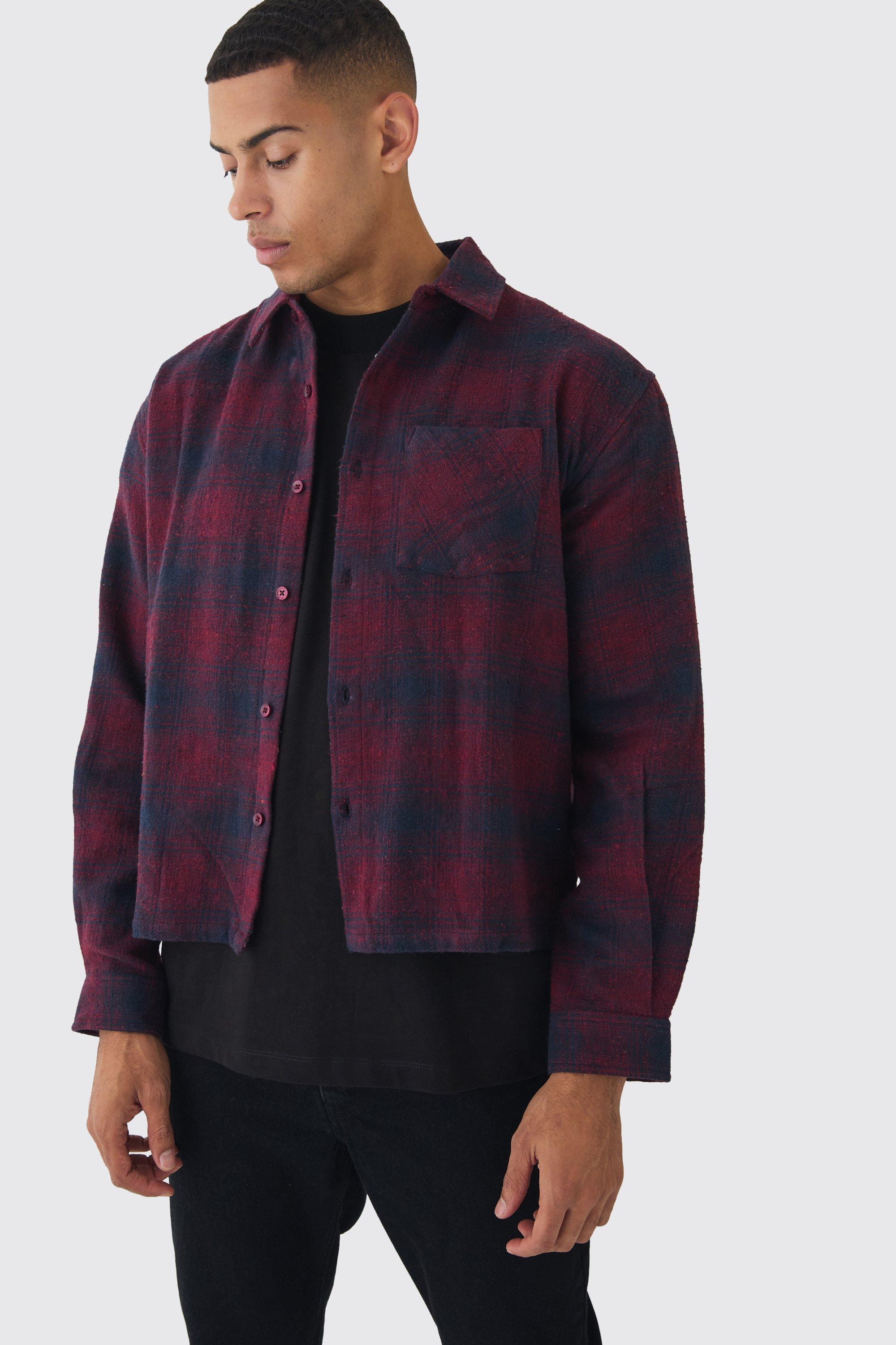 Mens Oversized Boxy Blurred Check Long Sleeve Shirt, Red Product Image