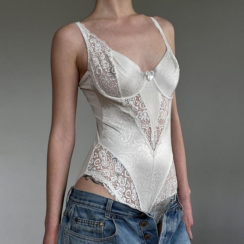 Sleeveless V-Neck Lace Bodysuit Top Product Image