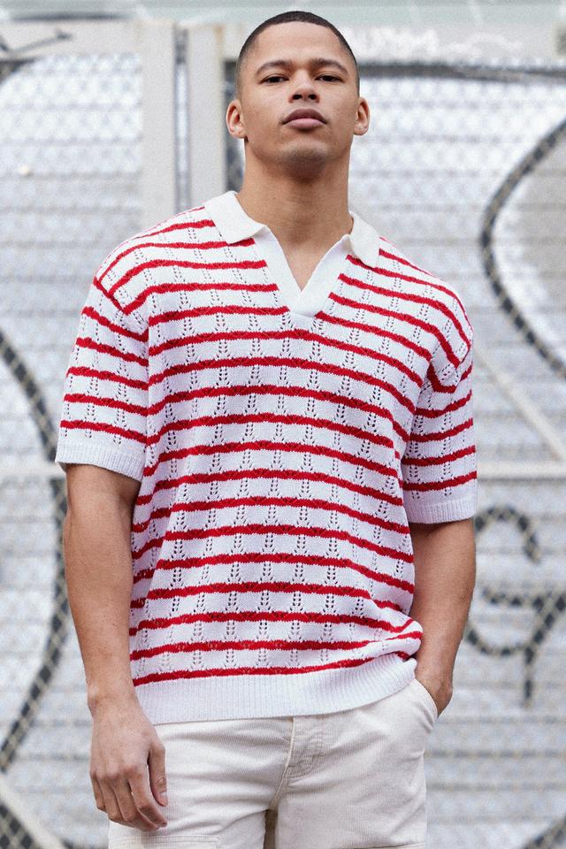 Short Sleeve Oversized Crochet Stripe Polo In Red | boohooMAN USA Product Image