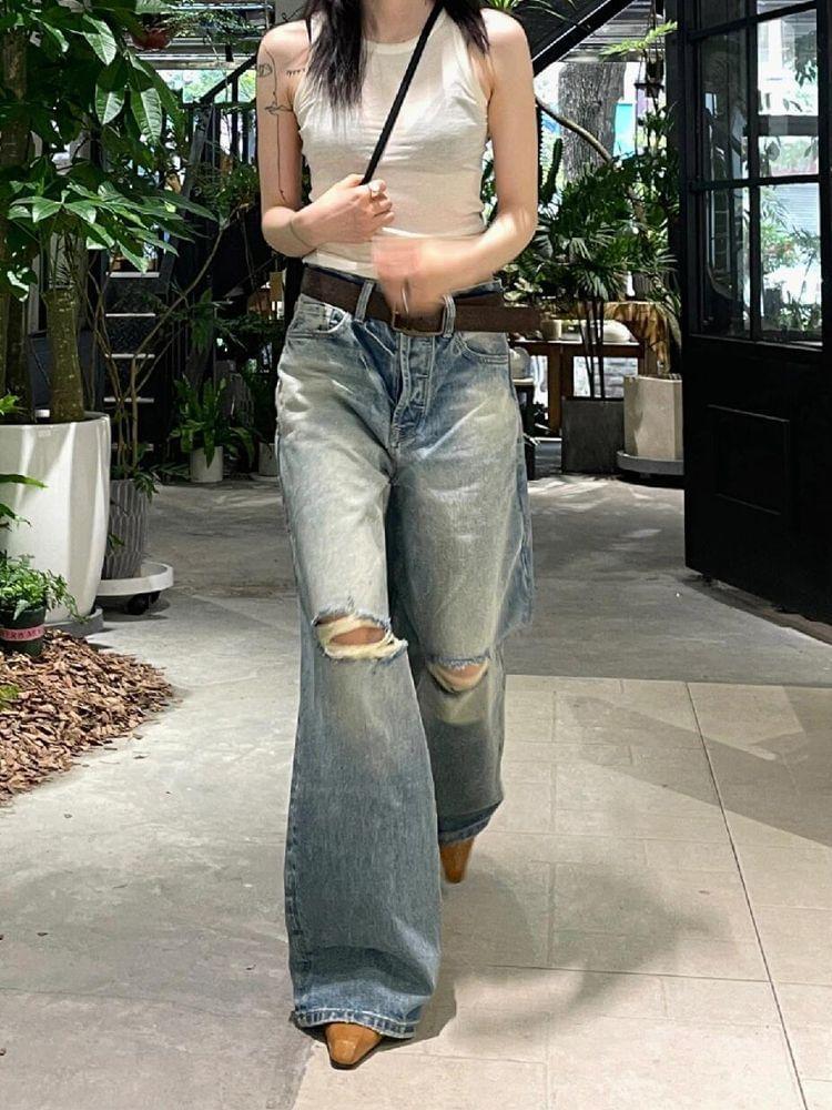 Low Rise Distressed Washed Wide Leg Jeans Product Image