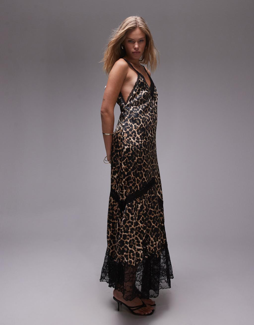 Topshop maxi dress with lace insert in animal print Product Image