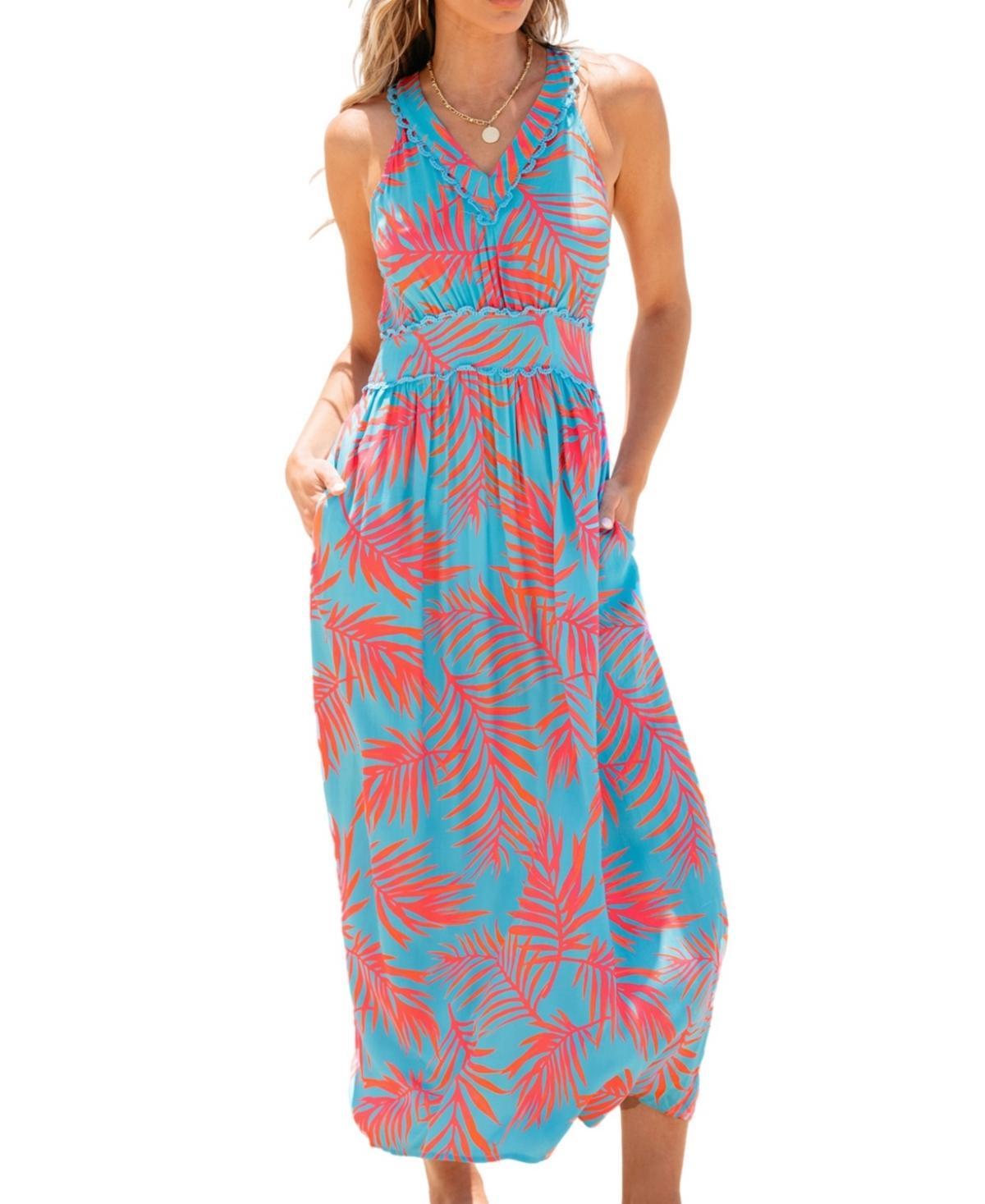 Cupshe Womens Blue & Red Tropical Sleeveless V-Neck Maxi Beach Dress - Light Product Image