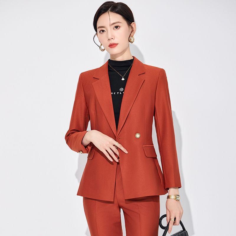 Lapel Collar Plain Double Breasted Blazer / Mid Rise Plain Slacks Product Image