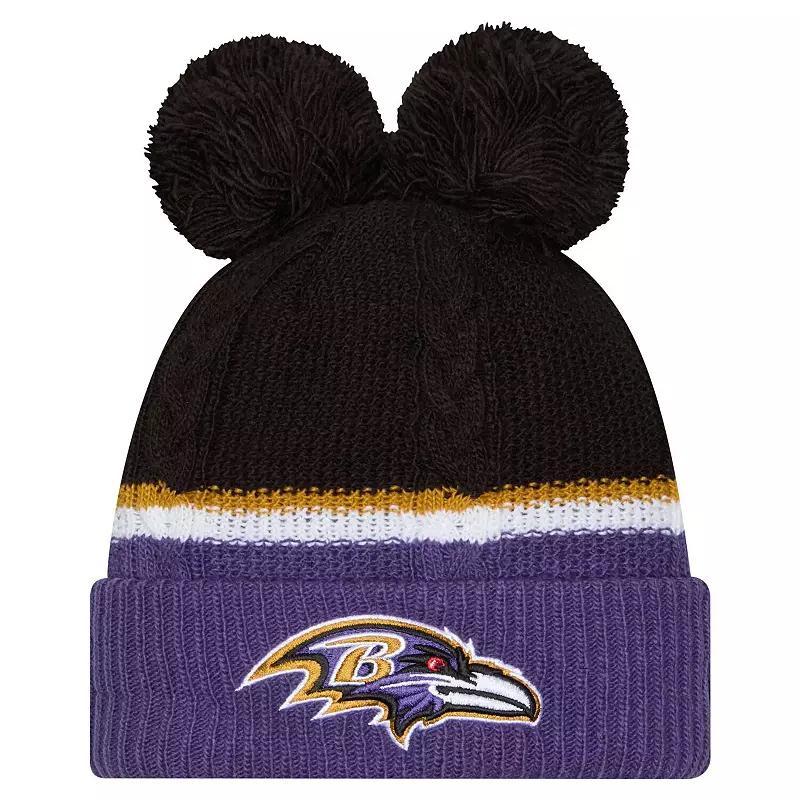 Womens New Era Baltimore Ravens Double Bubble Cuffed Knit Hat with Poms Product Image