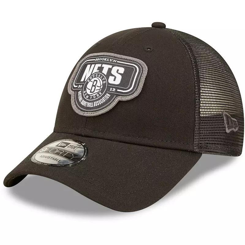 Mens New Era Black Brooklyn Nets Team Logo Patch 9FORTY Trucker Snapback Hat Product Image