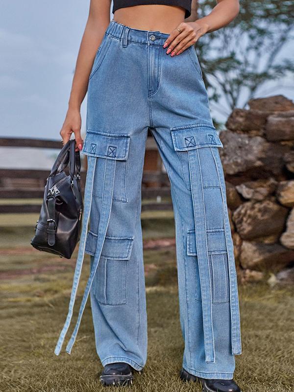 Loose Straight Leg High-Waisted Pockets Split-Joint Streamer Jean Pants Bottoms Product Image