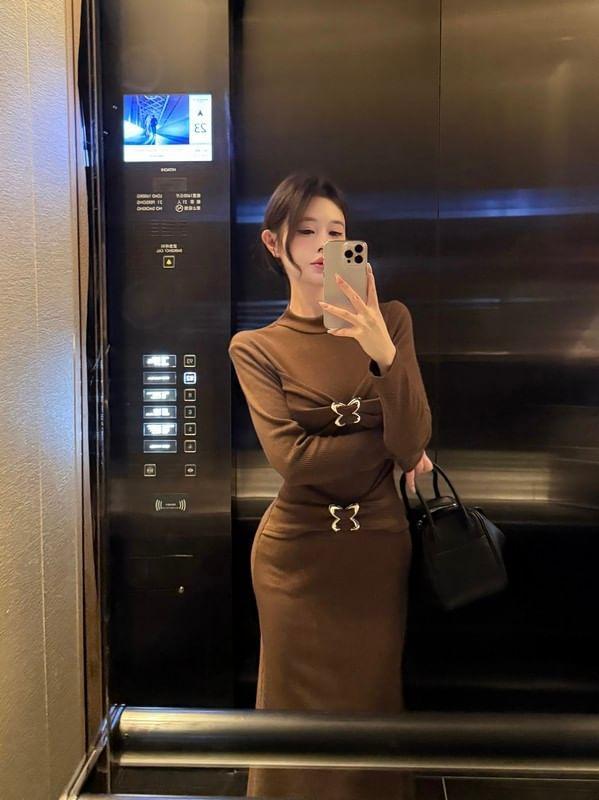 Long-Sleeve Crewneck Knit Maxi Sheath Dress Product Image